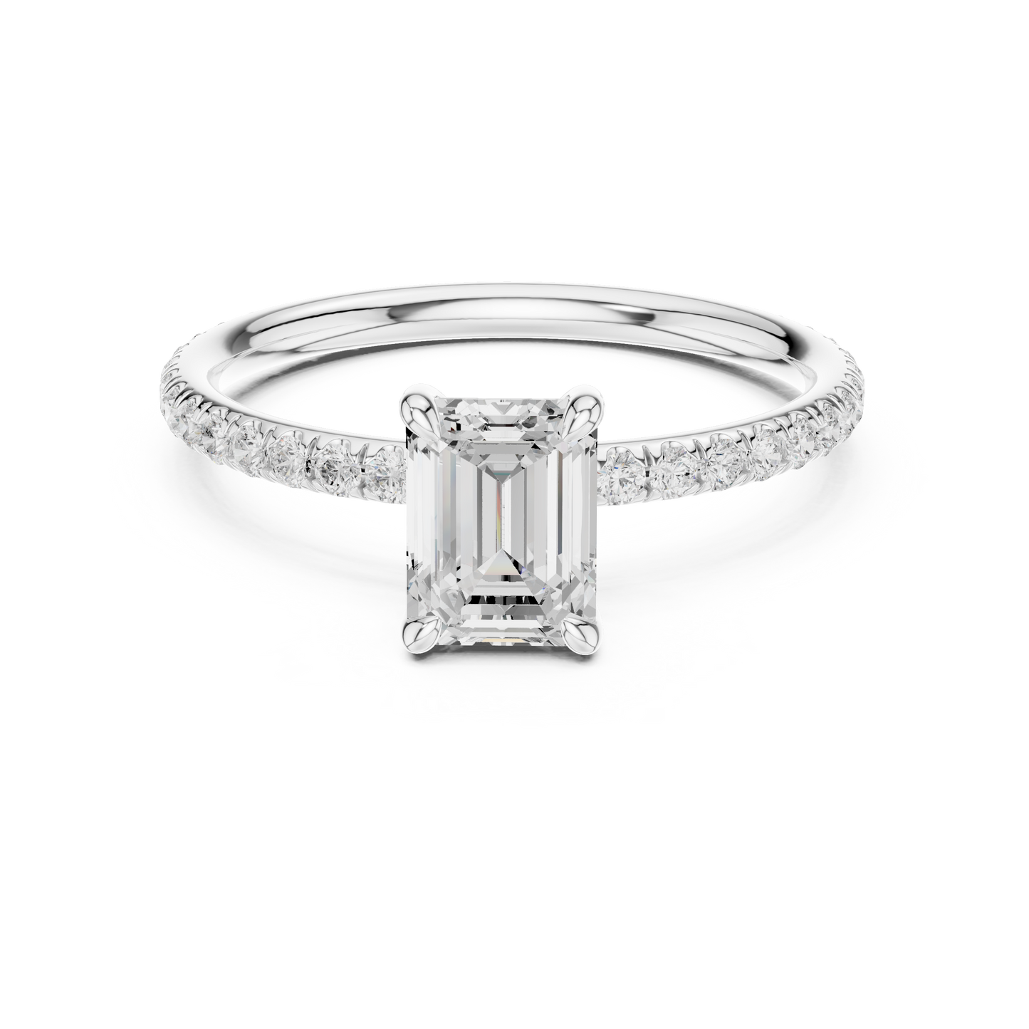 Diamond ring with emerald-cut center stone on a white background