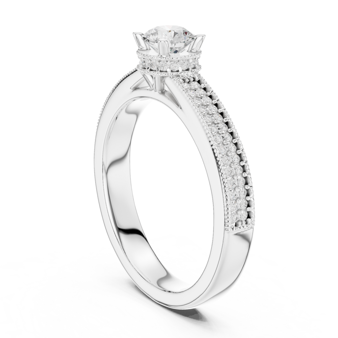 Milgrain Pave Solitaire - Round Engagement Ring