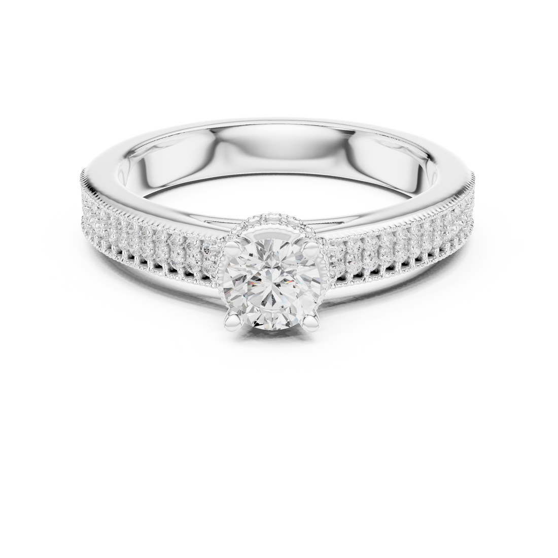 Milgrain Pave Solitaire - Round Engagement Ring