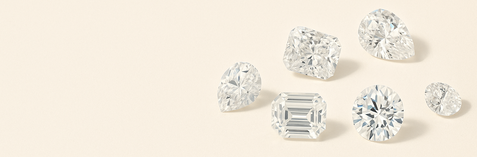 Collection of various cut diamonds on a beige background